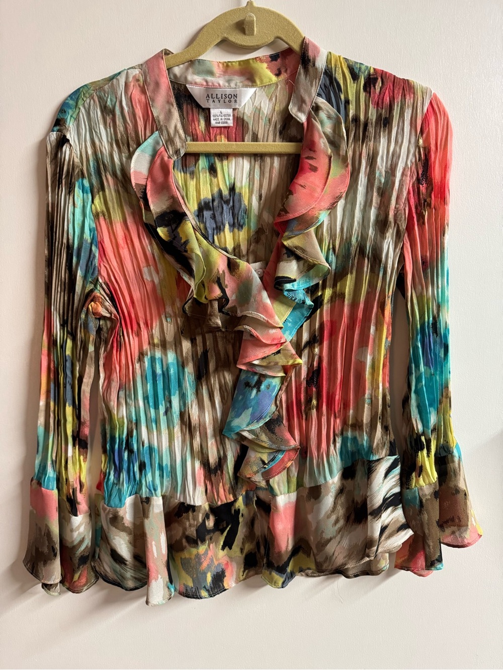 Allison Taylor Multicolor Pleated Ruffle-Front Blouse